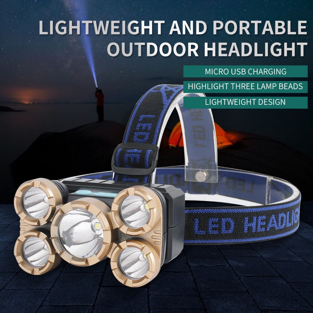 5 LED Headlamp Head Torch USB Rechargeable Head Lamp Light Headlight Flashlight - InspiredGrabs.com