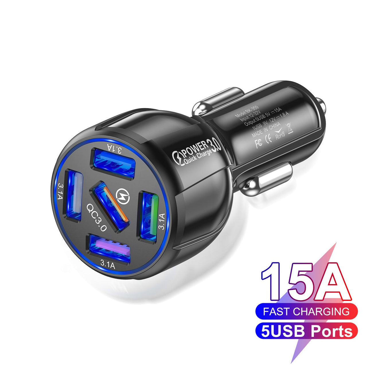 Five-port 15A QC3.0 5USB Car Charger Fast Charge Car Charger One For Five Mobile Phone Car Charger - InspiredGrabs.com