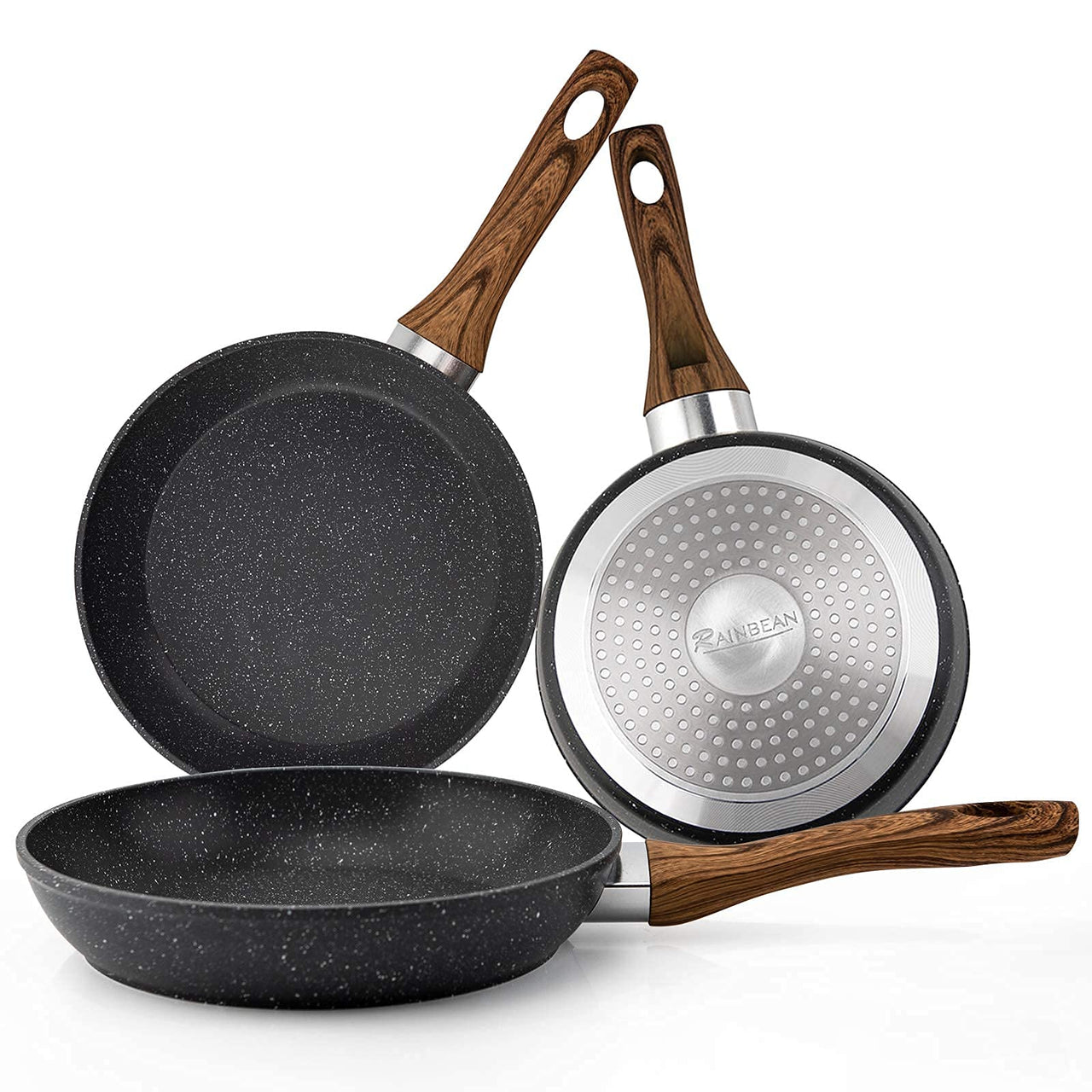 Frying Pan Set 3-Piece Nonstick Saucepan Woks Cookware Set, Heat-resistant Ergonomic Wood Effect Bakelite Handle Design, PFOA-free - InspiredGrabs.com