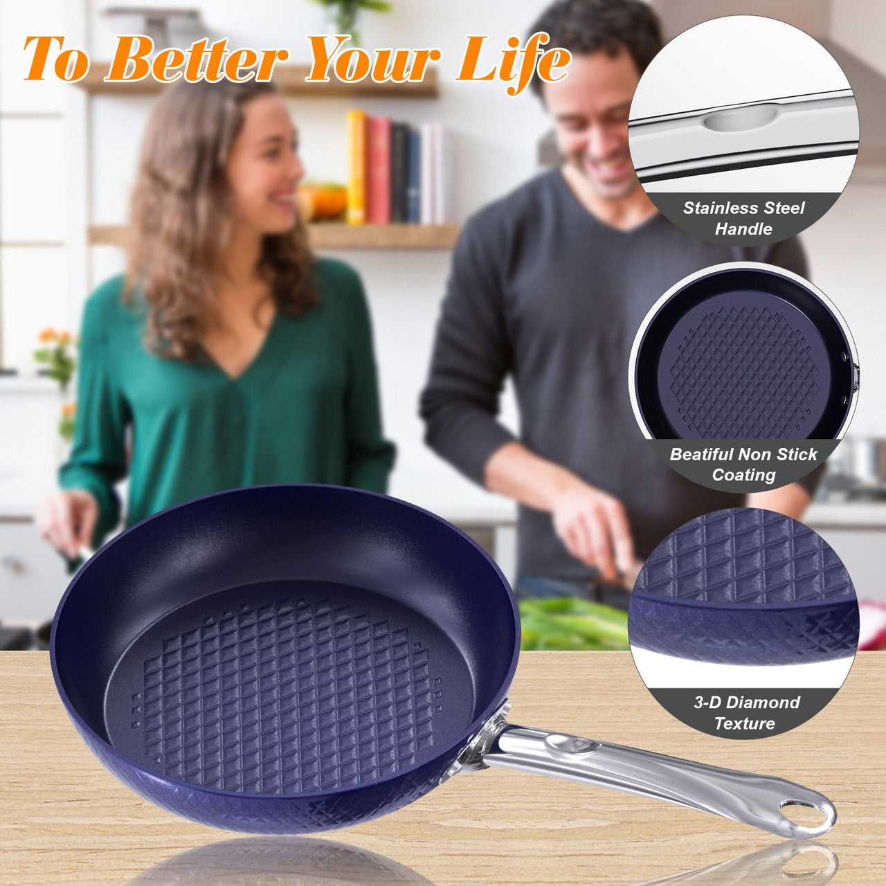 Frying Pan Sets Nonstick 3-Piece Blue 3D Diamond Cookware - InspiredGrabs.com