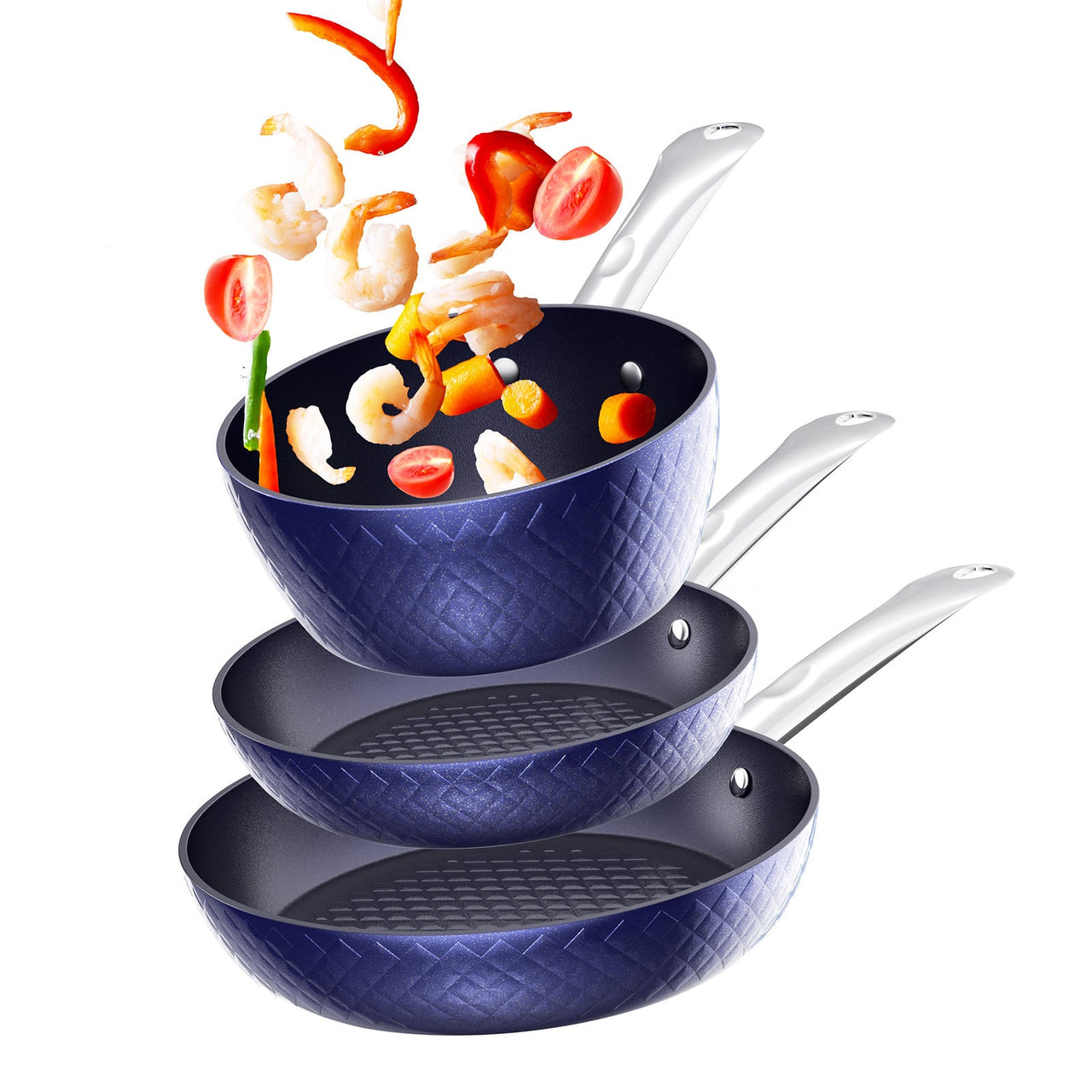 Frying Pan Sets Nonstick 3-Piece Blue 3D Diamond Cookware - InspiredGrabs.com