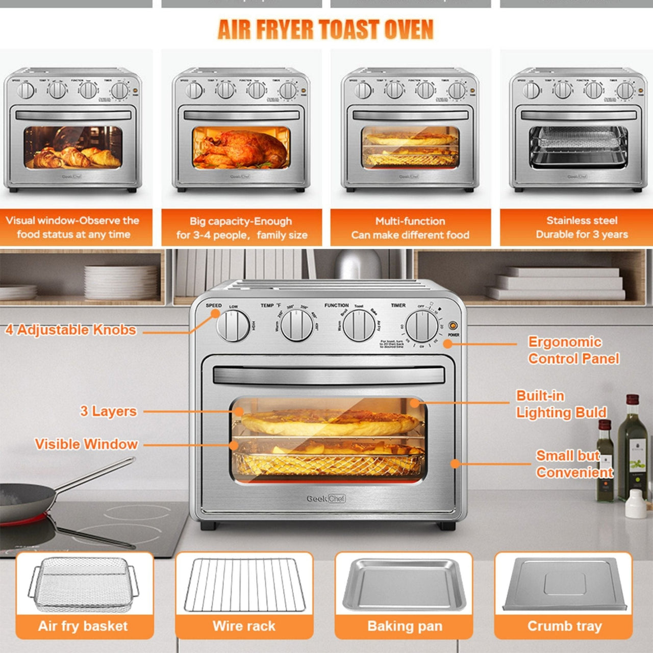 Geek Chef Air Fryer Toaster Oven Combo 4-Slice Toaster Convection Air Fryer Oven Warm, Broil Toast   Bake   Air Fry Oil-free  Accessories Included Stainless Steel Silver 16QT - InspiredGrabs.com