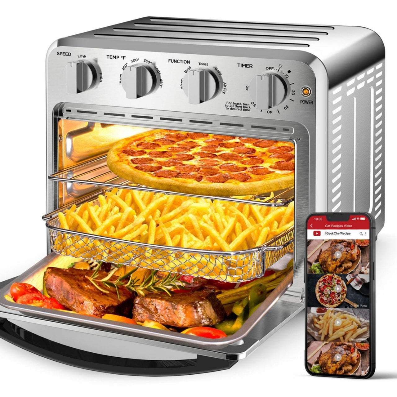 Geek Chef Air Fryer Toaster Oven Combo 4-Slice Toaster Convection Air Fryer Oven Warm, Broil Toast   Bake   Air Fry Oil-free  Accessories Included Stainless Steel Silver 16QT - InspiredGrabs.com