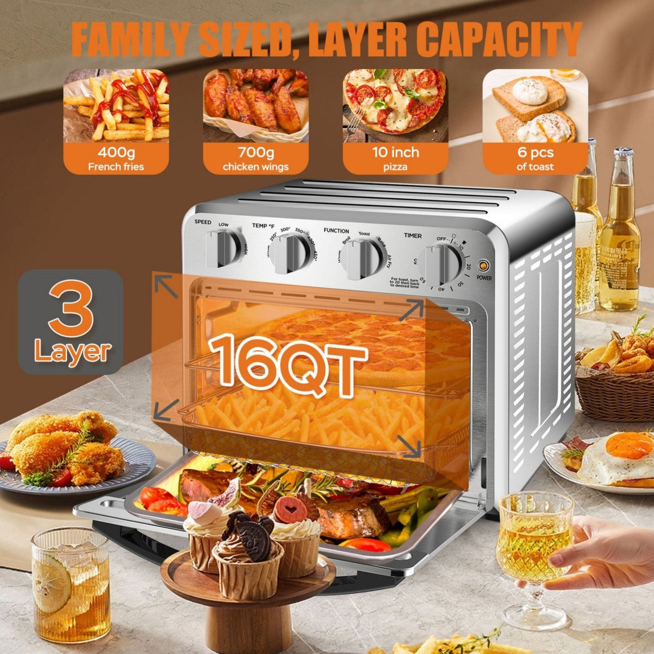 Geek Chef Air Fryer Toaster Oven Combo 4-Slice Toaster Convection Air Fryer Oven Warm, Broil Toast   Bake   Air Fry Oil-free  Accessories Included Stainless Steel Silver 16QT - InspiredGrabs.com