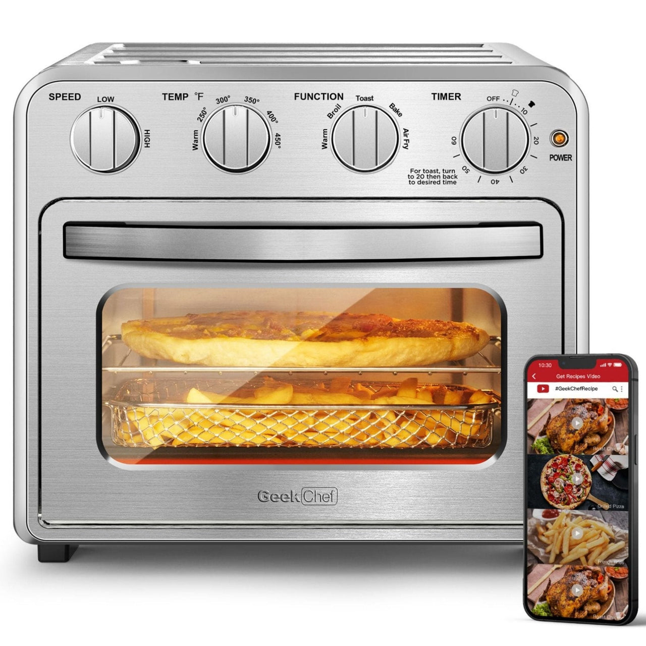 Geek Chef Air Fryer Toaster Oven Combo 4-Slice Toaster Convection Air Fryer Oven Warm, Broil Toast   Bake   Air Fry Oil-free  Accessories Included Stainless Steel Silver 16QT - InspiredGrabs.com