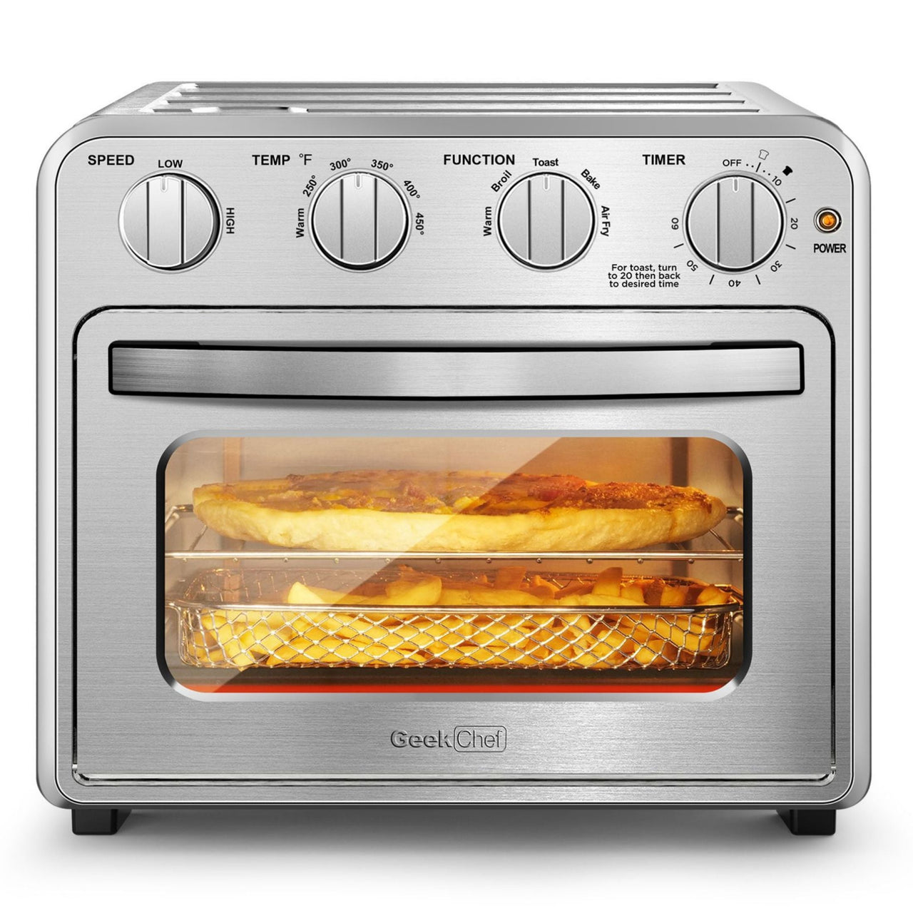 Geek Chef Air Fryer Toaster Oven Combo 4-Slice Toaster Convection Air Fryer Oven Warm, Broil Toast   Bake   Air Fry Oil-free  Accessories Included Stainless Steel Silver 16QT - InspiredGrabs.com