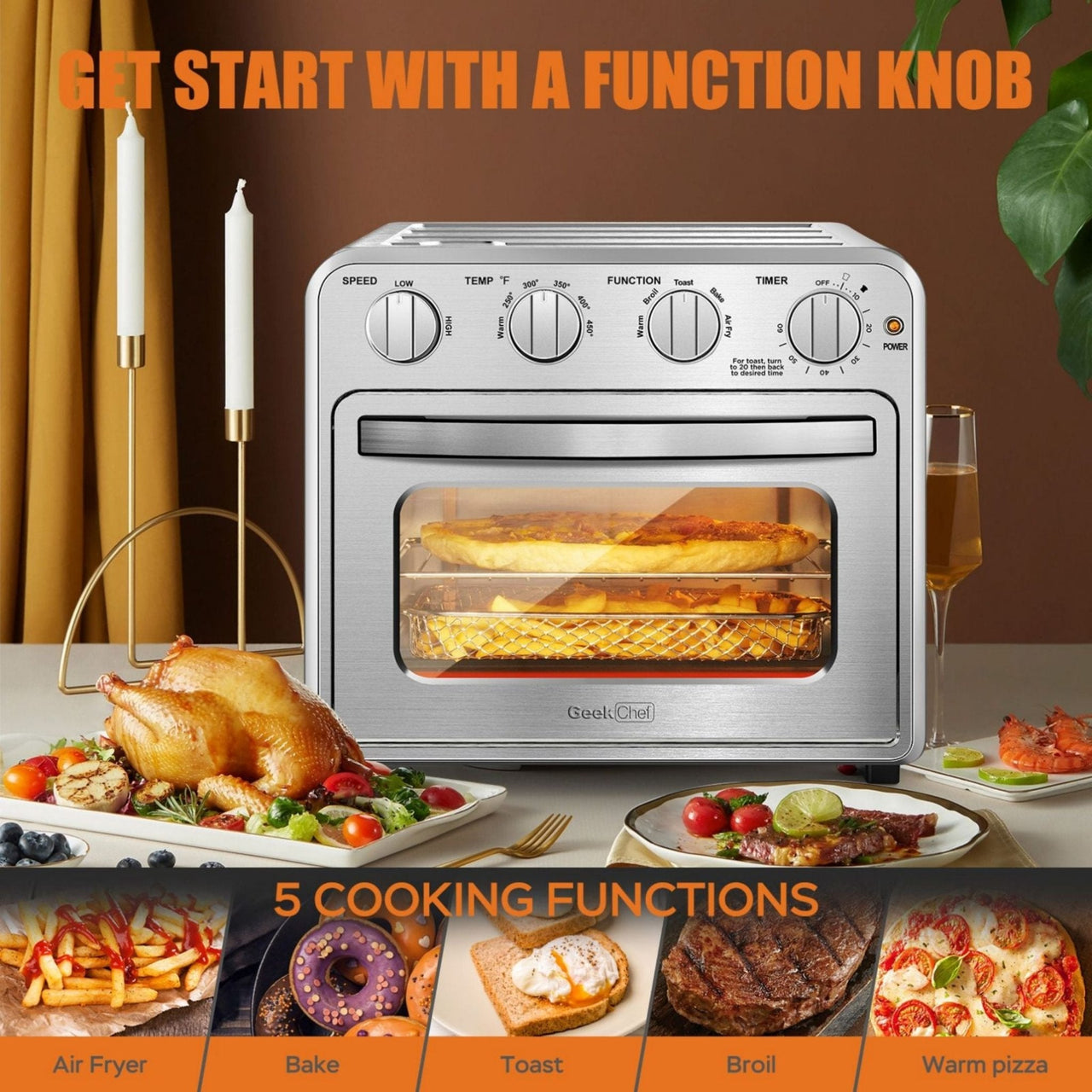 Geek Chef Air Fryer Toaster Oven Combo 4-Slice Toaster Convection Air Fryer Oven Warm, Broil Toast   Bake   Air Fry Oil-free  Accessories Included Stainless Steel Silver 16QT - InspiredGrabs.com