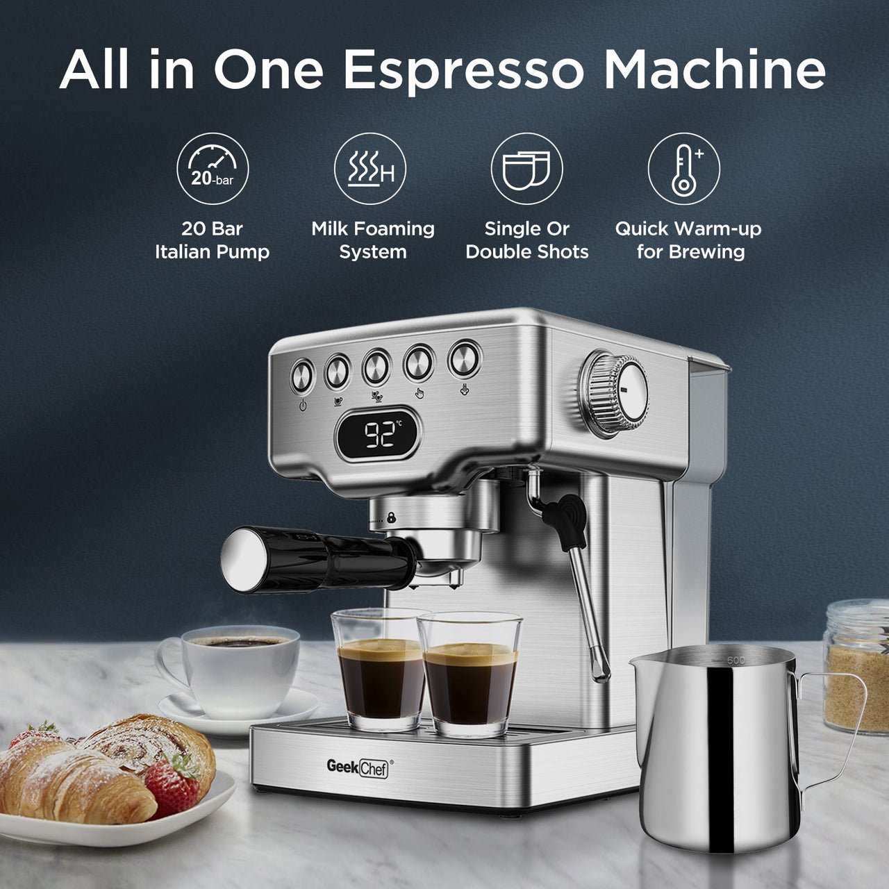 Geek Chef Espresso Machine, 20 Bar Espresso Machine with Milk Frother for Latte, Cappuccino, Macchiato, for Home Espresso Maker, 1.8L Water Tank, Stainless Steel - InspiredGrabs.com