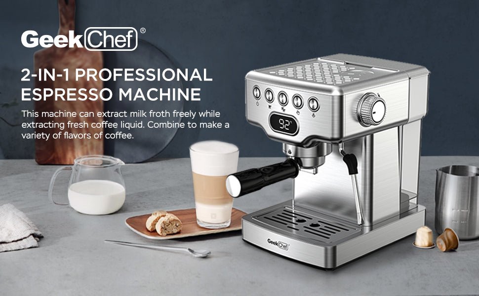 Geek Chef Espresso Machine, 20 Bar Espresso Machine with Milk Frother for Latte, Cappuccino, Macchiato, for Home Espresso Maker, 1.8L Water Tank, Stainless Steel - InspiredGrabs.com