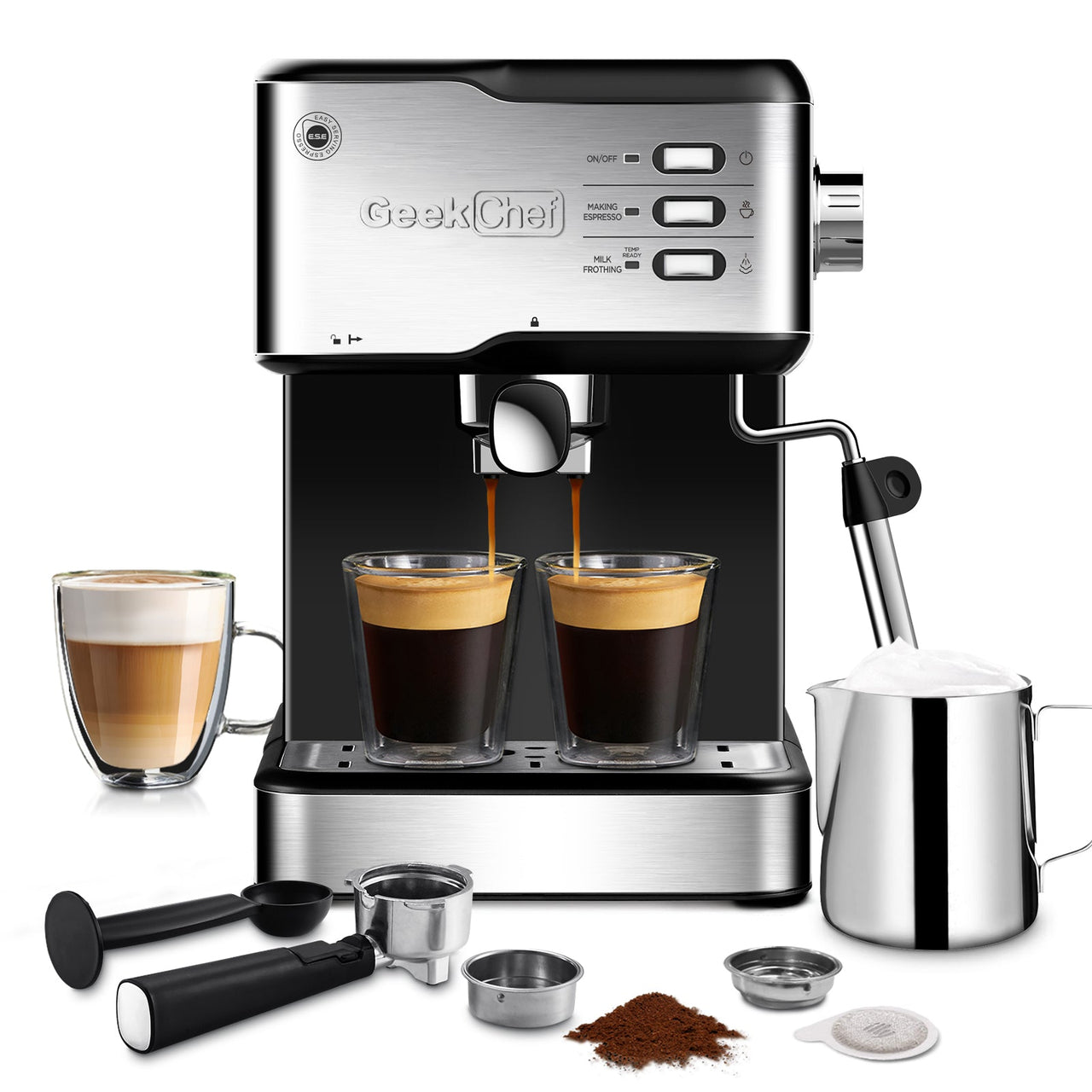 Geek Chef Espresso Machine, Espresso&Cappuccino Latte Maker 20 Bar Coffee Machine Compatible with ESE POD Capsules Filter&Milk Frother Steam Wand, 950W, 1.5L Water Tank - InspiredGrabs.com