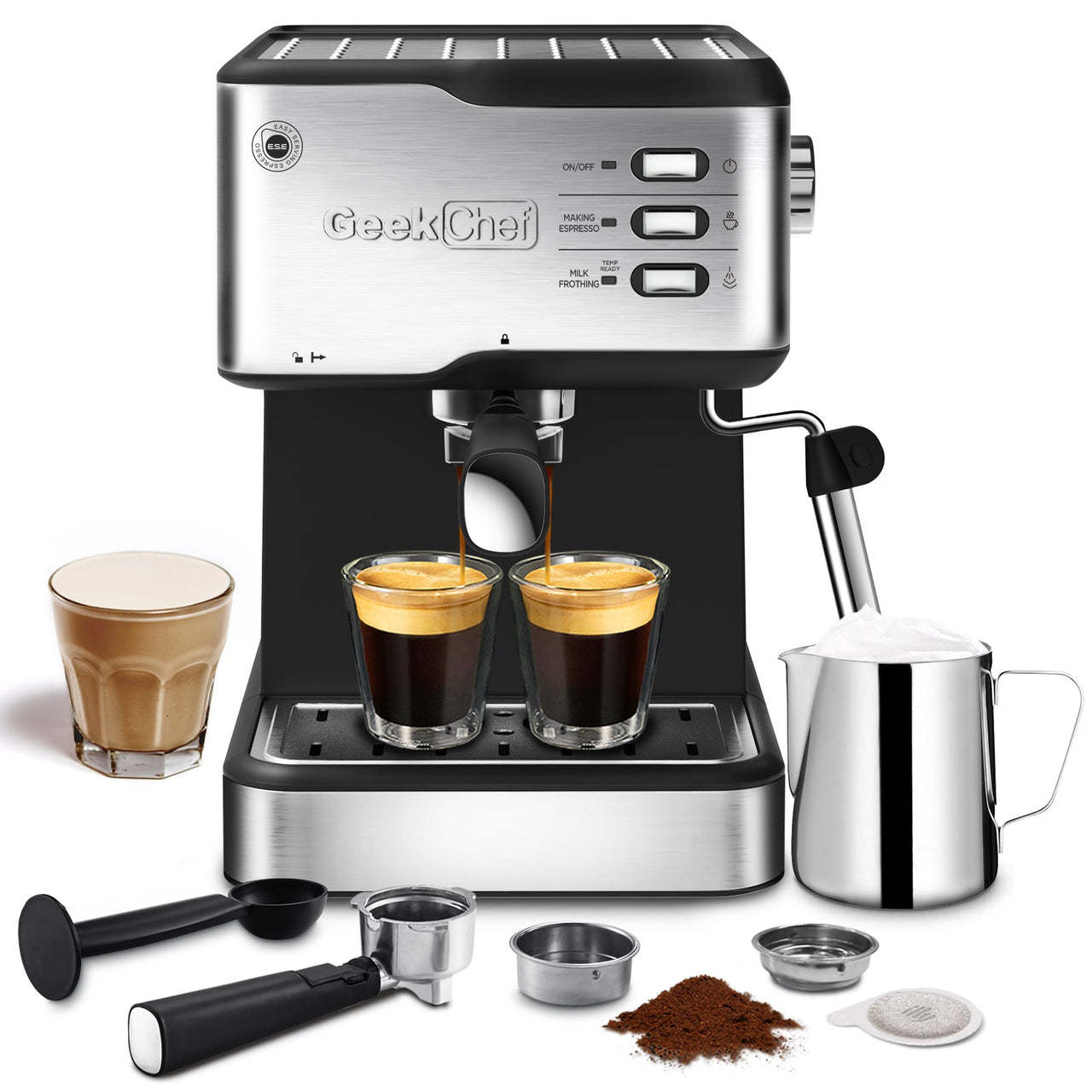 Geek Chef Espresso Machine, Espresso&Cappuccino Latte Maker 20 Bar Coffee Machine Compatible with ESE POD Capsules Filter&Milk Frother Steam Wand, 950W, 1.5L Water Tank - InspiredGrabs.com