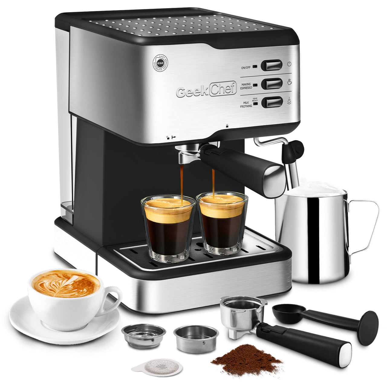 Geek Chef Espresso Machine, Espresso&Cappuccino Latte Maker 20 Bar Coffee Machine Compatible with ESE POD Capsules Filter&Milk Frother Steam Wand, 950W, 1.5L Water Tank - InspiredGrabs.com