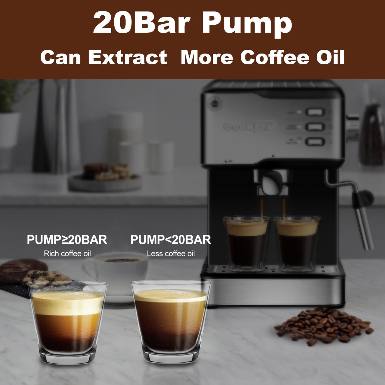 Geek Chef Espresso Machine, Espresso&Cappuccino Latte Maker 20 Bar Coffee Machine Compatible with ESE POD Capsules Filter&Milk Frother Steam Wand, 950W, 1.5L Water Tank - InspiredGrabs.com