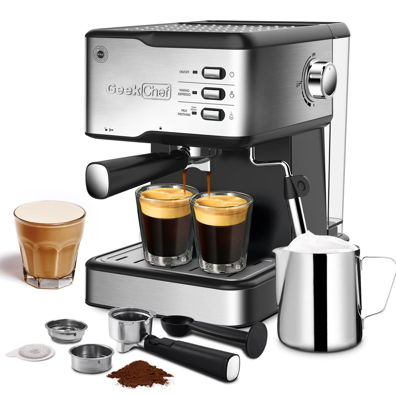 Geek Chef Espresso Machine, Espresso&Cappuccino Latte Maker 20 Bar Coffee Machine Compatible with ESE POD Capsules Filter&Milk Frother Steam Wand, 950W, 1.5L Water Tank - InspiredGrabs.com