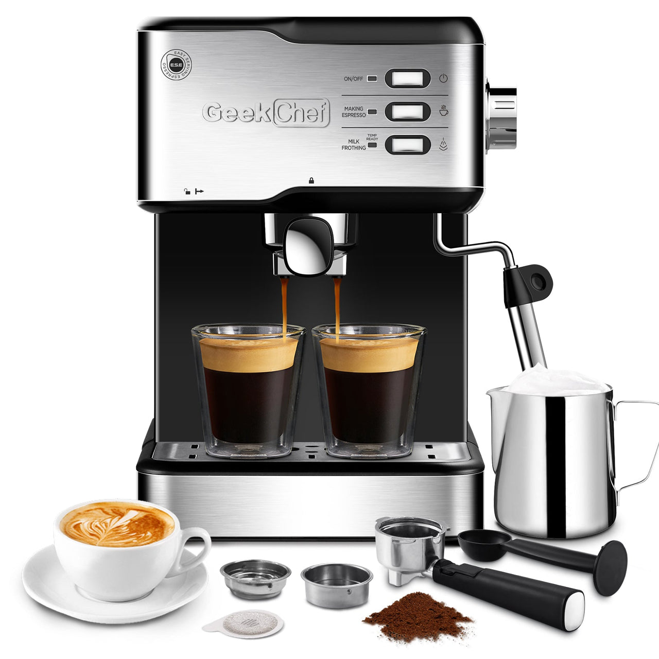 Geek Chef Espresso Machine, Espresso&Cappuccino Latte Maker 20 Bar Coffee Machine Compatible with ESE POD Capsules Filter&Milk Frother Steam Wand, 950W, 1.5L Water Tank - InspiredGrabs.com