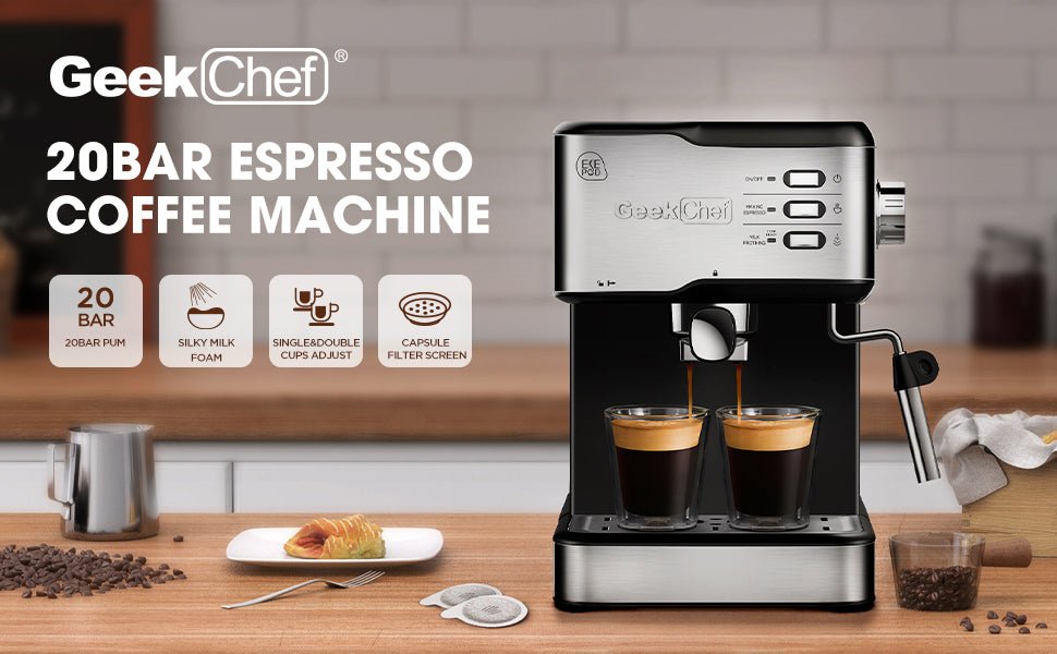 Geek Chef Espresso Machine, Espresso&Cappuccino Latte Maker 20 Bar Coffee Machine Compatible with ESE POD Capsules Filter&Milk Frother Steam Wand, 950W, 1.5L Water Tank - InspiredGrabs.com