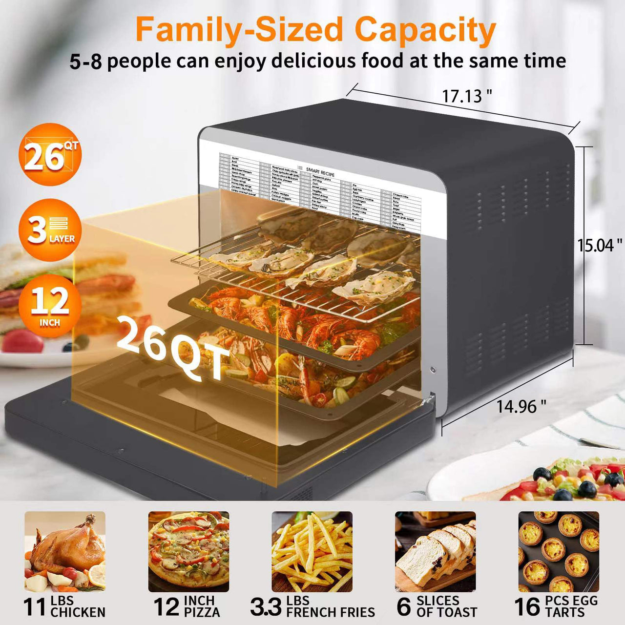 Geek Chef Steam Air Fryer Toast Oven Combo, 26-QT Steam Convection Oven Countertop, 50 Cooking Presets, with 6 Slice Toast, 12-In Pizza, Black Stainless Steel - InspiredGrabs.com