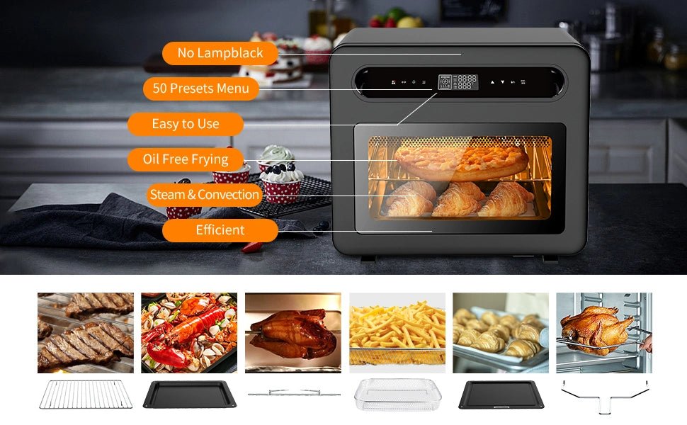 Geek Chef Steam Air Fryer Toast Oven Combo, 26-QT Steam Convection Oven Countertop, 50 Cooking Presets, with 6 Slice Toast, 12-In Pizza, Black Stainless Steel - InspiredGrabs.com