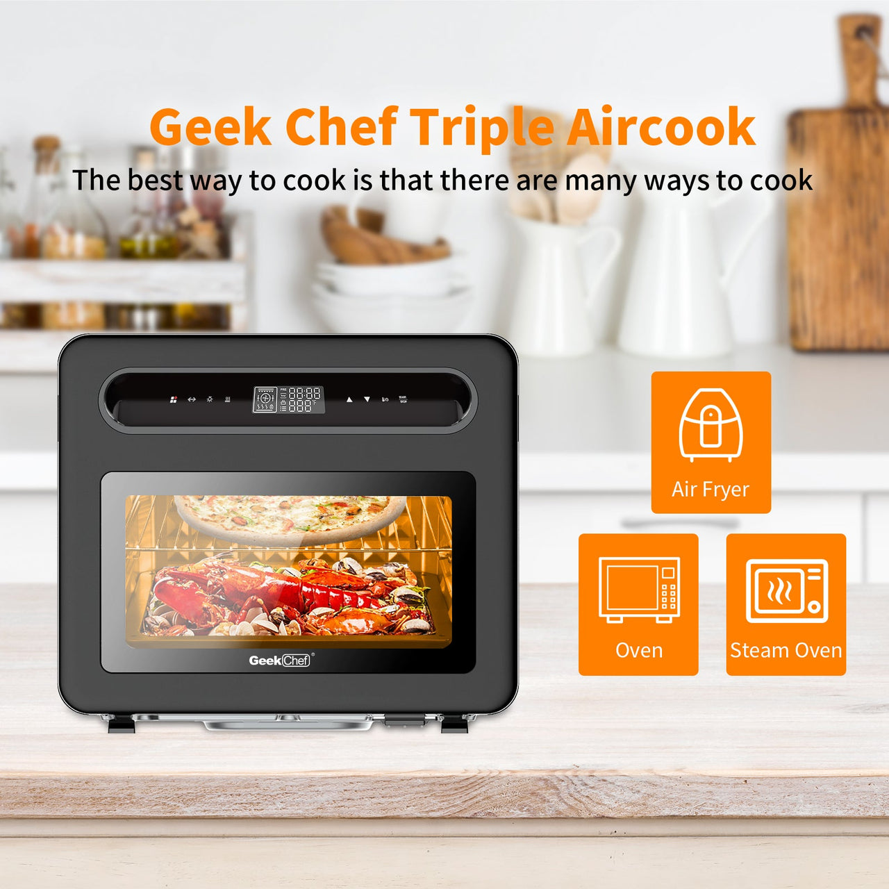 Geek Chef Steam Air Fryer Toast Oven Combo, 26-QT Steam Convection Oven Countertop, 50 Cooking Presets, with 6 Slice Toast, 12-In Pizza, Black Stainless Steel - InspiredGrabs.com