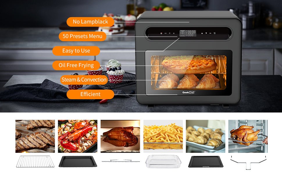 Geek Chef Steam Air Fryer Toast Oven Combo, 26-QT Steam Convection Oven Countertop, 50 Cooking Presets, with 6 Slice Toast, 12-In Pizza, Black Stainless Steel - InspiredGrabs.com