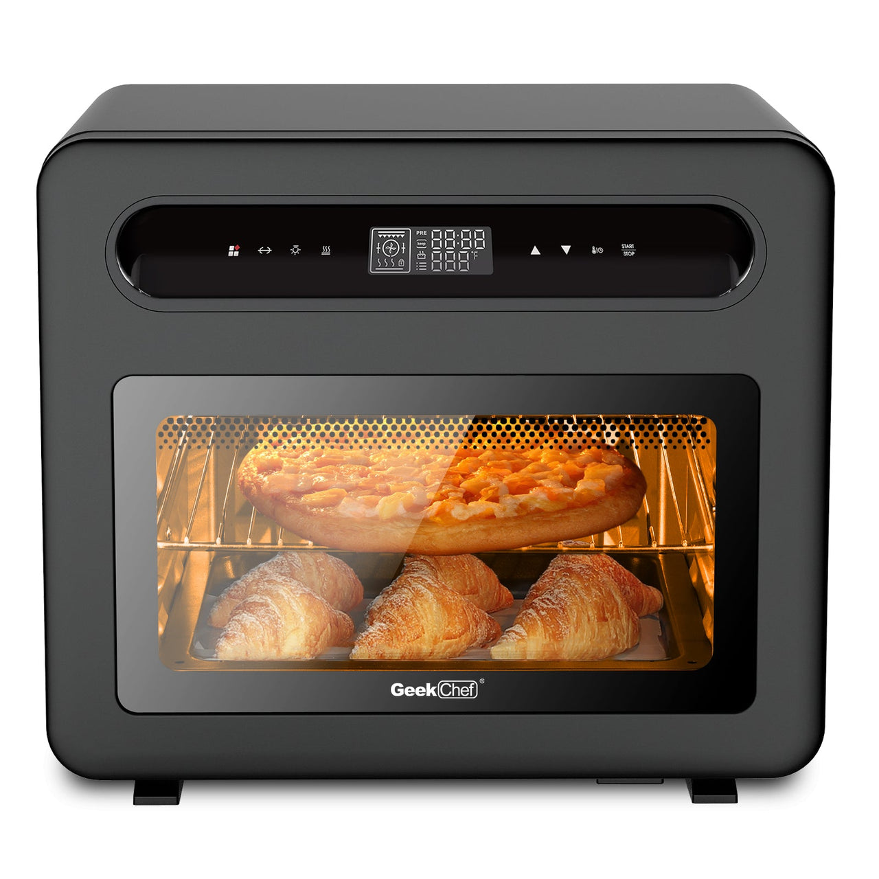 Geek Chef Steam Air Fryer Toast Oven Combo, 26-QT Steam Convection Oven Countertop, 50 Cooking Presets, with 6 Slice Toast, 12-In Pizza, Black Stainless Steel - InspiredGrabs.com