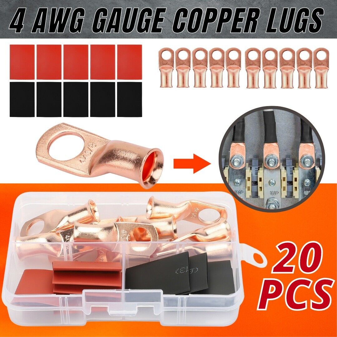 20pcs 4 AWG Gauge Copper Lugs w/ BLACK & RED Heat Shrink End Ring Terminals Wire by KTATMARKETING - InspiredGrabs.com