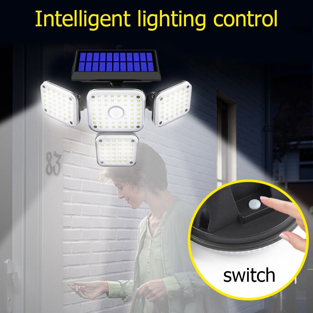 144 LED Solar Power PIR Motion Sensor Light 4-Head Outdoor Security Waterproof - InspiredGrabs.com