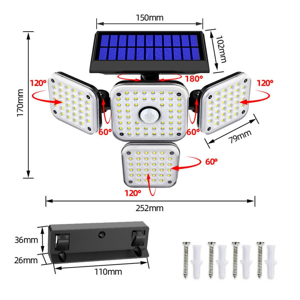 144 LED Solar Power PIR Motion Sensor Light 4-Head Outdoor Security Waterproof - InspiredGrabs.com