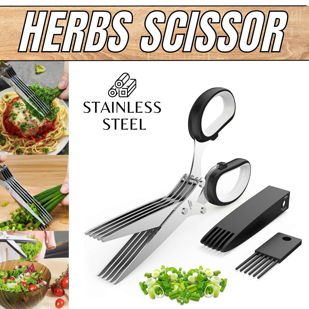 Herb Scissors Set with 5 Blades and Cover - Multipurpose Kitchen Chopping Shear - InspiredGrabs.com