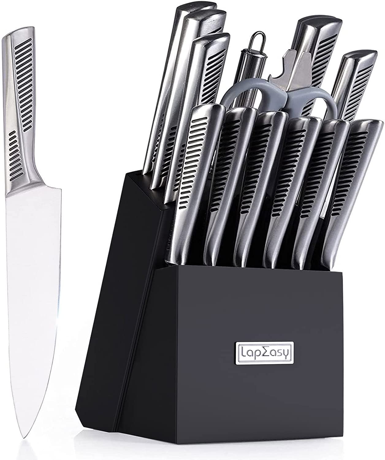 Kitchen Knife Set. LapEasy 15 Piece Knife Sets with Block Chef Knife Stainless Steel Hollow Handle Cutlery with Manual Sharpener - InspiredGrabs.com