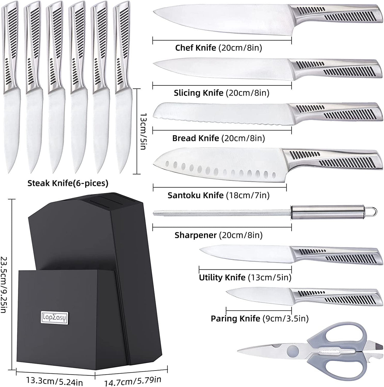 Kitchen Knife Set. LapEasy 15 Piece Knife Sets with Block Chef Knife Stainless Steel Hollow Handle Cutlery with Manual Sharpener - InspiredGrabs.com