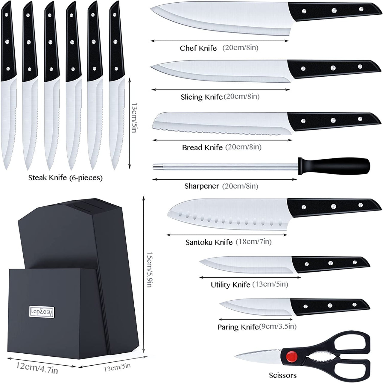 Knife Set with Block, LapEasy 15 Pieces Kitchen Knife Set with Pine Block Holder, Knife Block Set with Sharpener, High Stainless Steel Knives with Comfortable-Grip ABS Handles. - InspiredGrabs.com