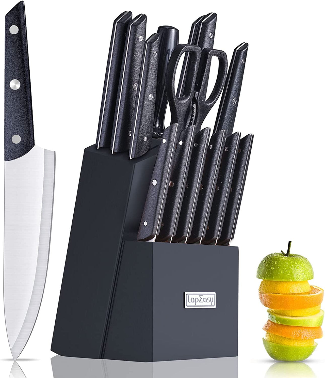 Knife Set with Block, LapEasy 15 Pieces Kitchen Knife Set with Pine Block Holder, Knife Block Set with Sharpener, High Stainless Steel Knives with Comfortable-Grip ABS Handles. - InspiredGrabs.com