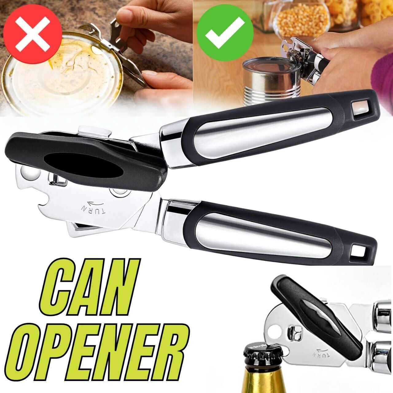 Manual Can Opener Smooth Edge Heavy Duty Stainless Steel Blades Beer Opener - InspiredGrabs.com