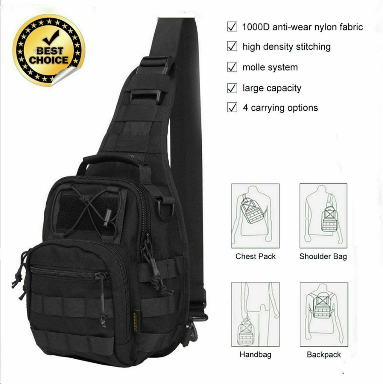 Men Backpack Tactical Sling Bag Chest Shoulder Body Molle Day Pack Pouch Black - InspiredGrabs.com