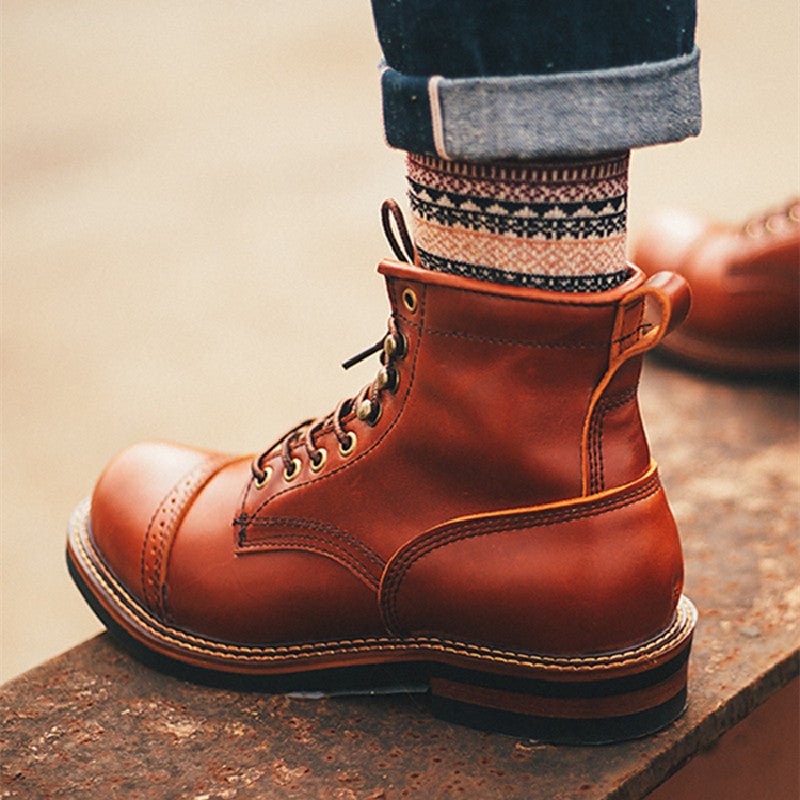 Men's Vintage Color Block High-top Leather Boots - InspiredGrabs.com