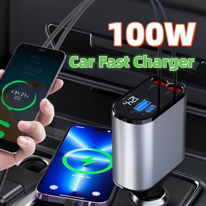 Metal Car Charger 100W Super Fast Charging Car Cigarette Lighter USB and TYPE-C Adapter - InspiredGrabs.com