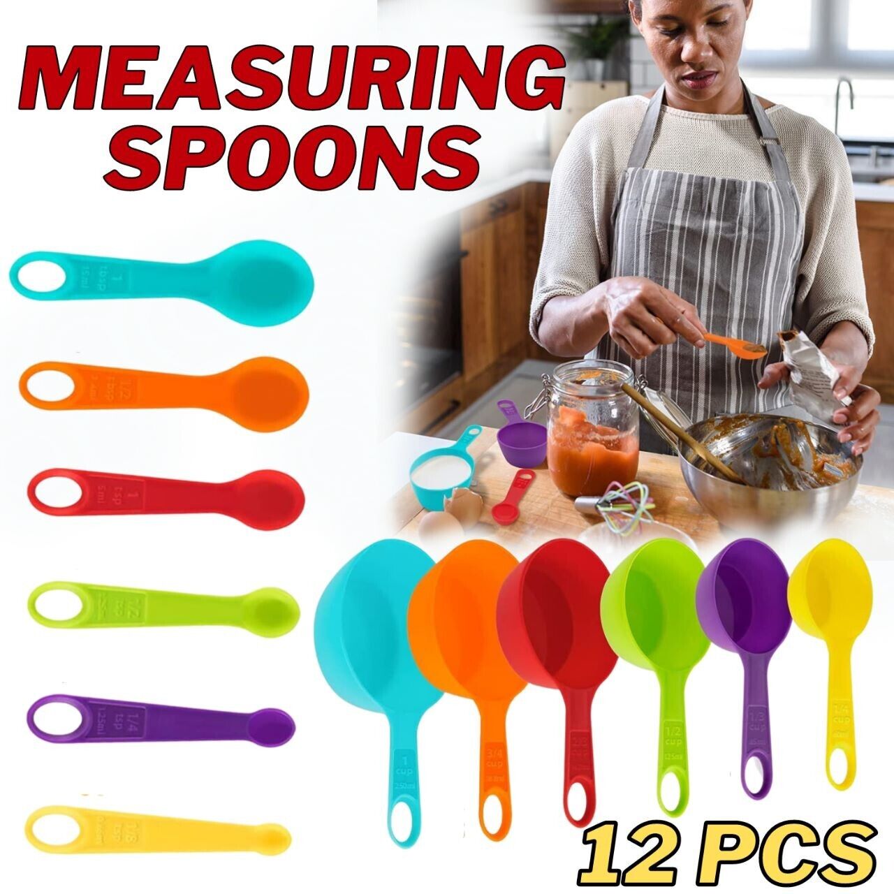 Multi-color Measuring Cups and Spoons 12-Piece Set Plastic Cooking Kitchen Tools - InspiredGrabs.com