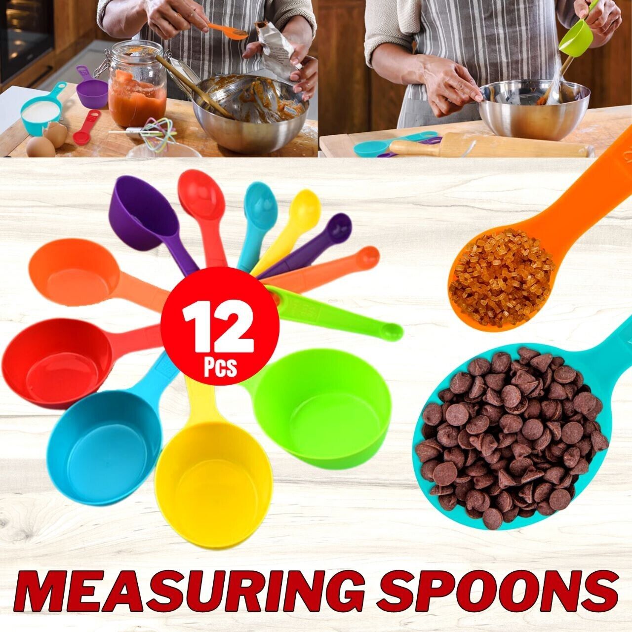 Multi-color Measuring Cups and Spoons 12-Piece Set Plastic Cooking Kitchen Tools - InspiredGrabs.com