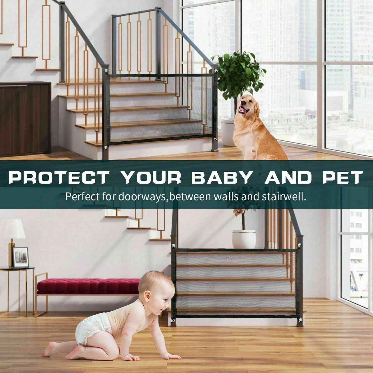 Pets Dog Cat Baby Safety Gate Mesh Fence Magic Portable Guard Net Stairs Doors - InspiredGrabs.com