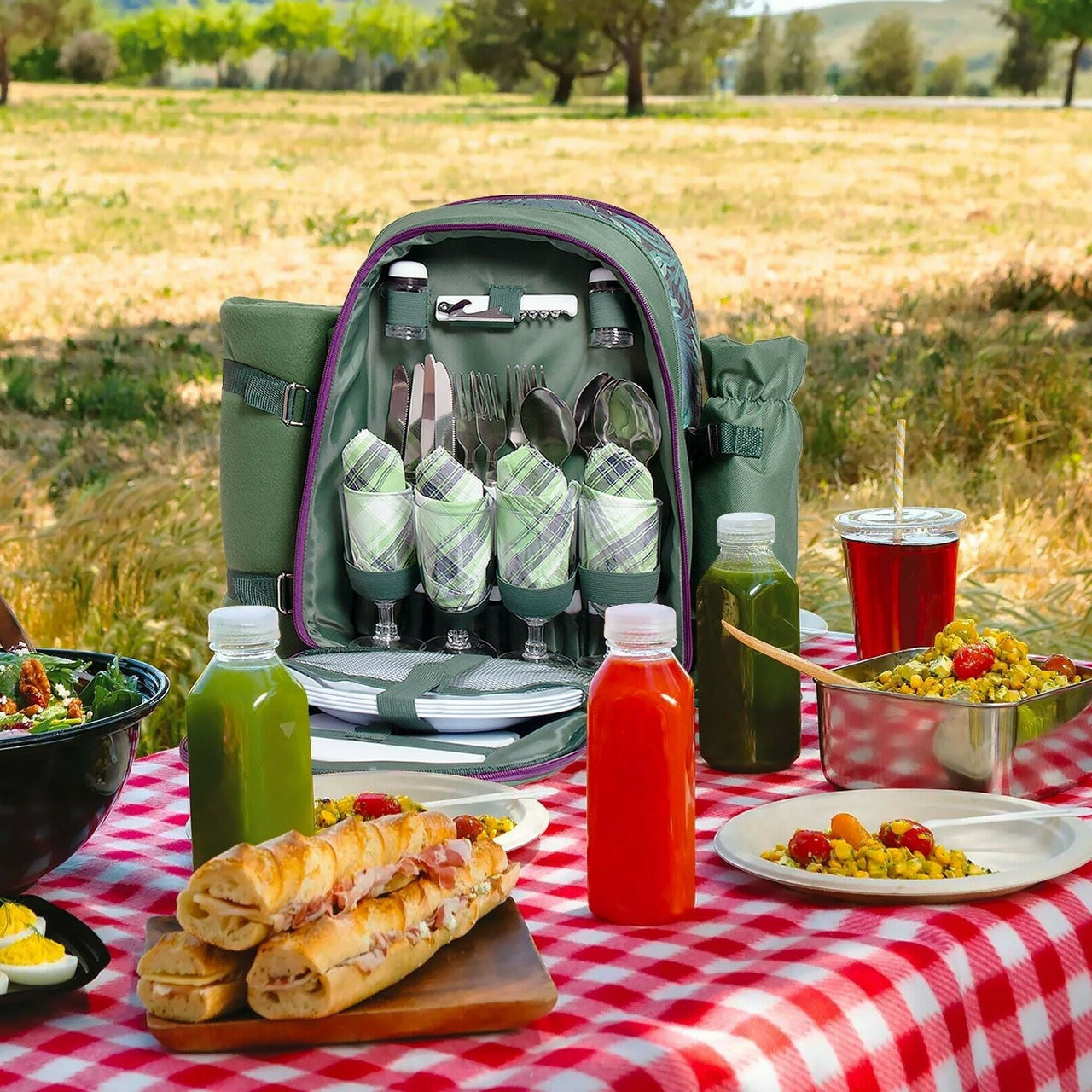 Picnic Backpack Set with Cutlery Kit Cooler Compartment Blanket for 4 Persons - InspiredGrabs.com