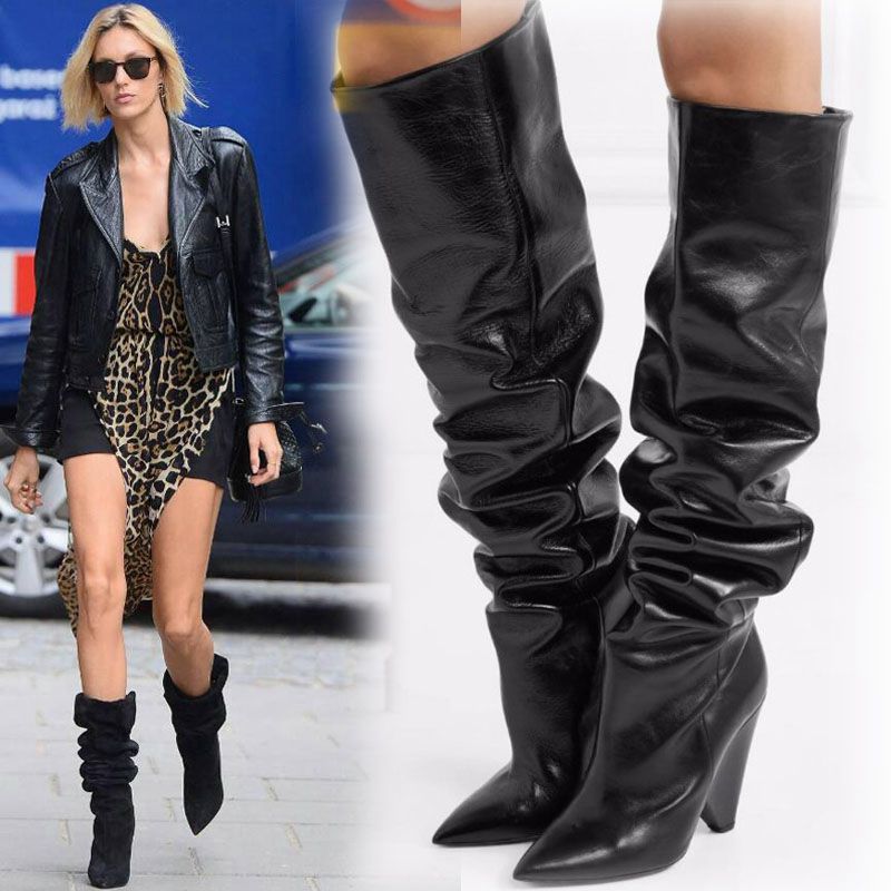 Pointed-toe Folds Profiled Heel Over the Knee Boots Women's One-step Sleeves Are Thinner - InspiredGrabs.com