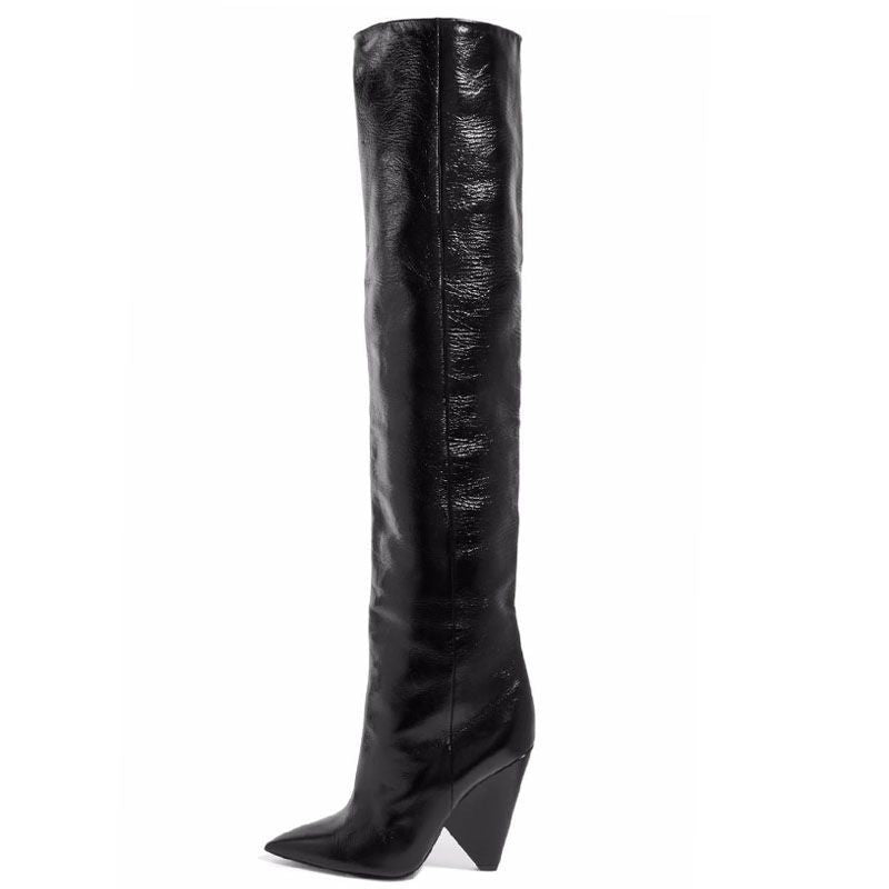 Pointed-toe Folds Profiled Heel Over the Knee Boots Women's One-step Sleeves Are Thinner - InspiredGrabs.com