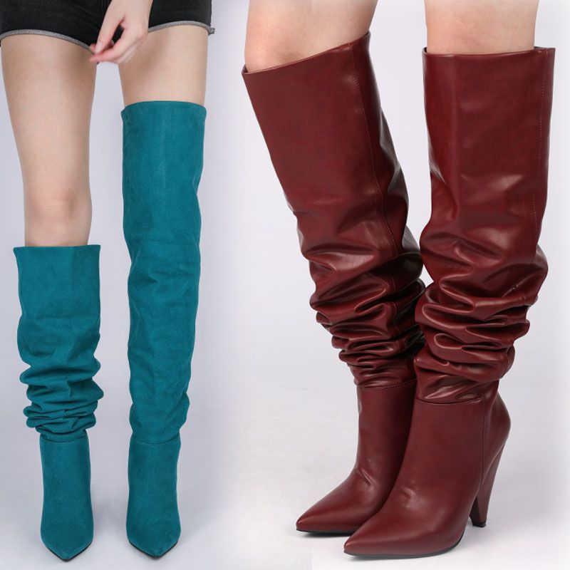 Pointed-toe Folds Profiled Heel Over the Knee Boots Women's One-step Sleeves Are Thinner - InspiredGrabs.com