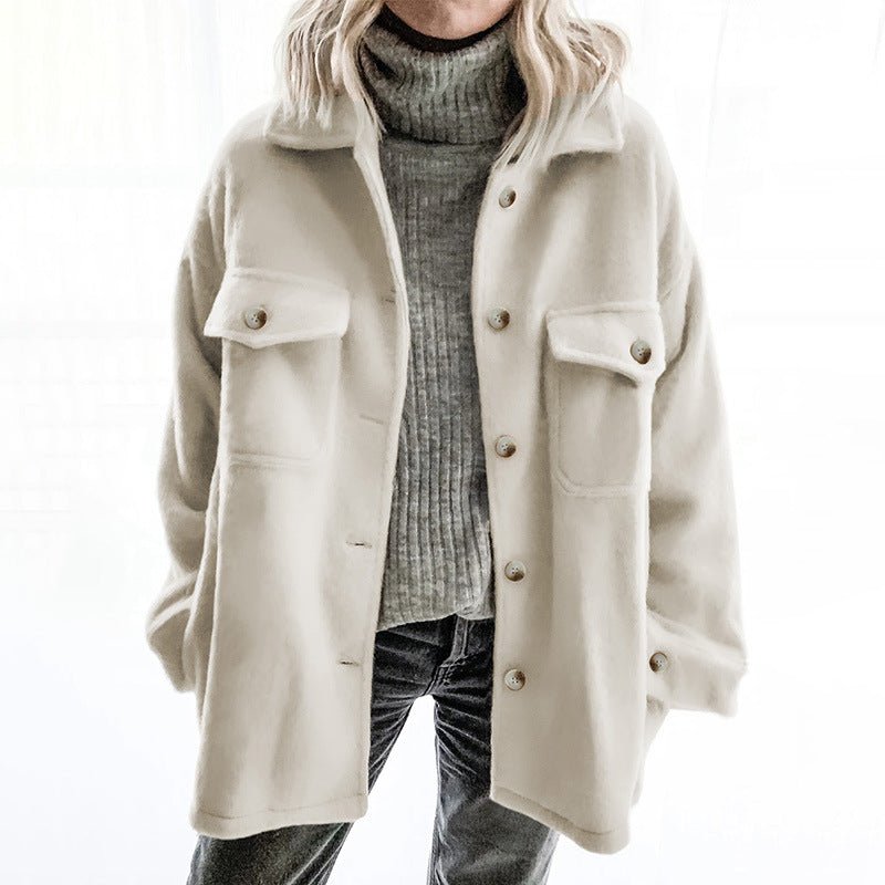 Sophisticated Women's Woolen Coat with Lapel and Pocket - InspiredGrabs.com