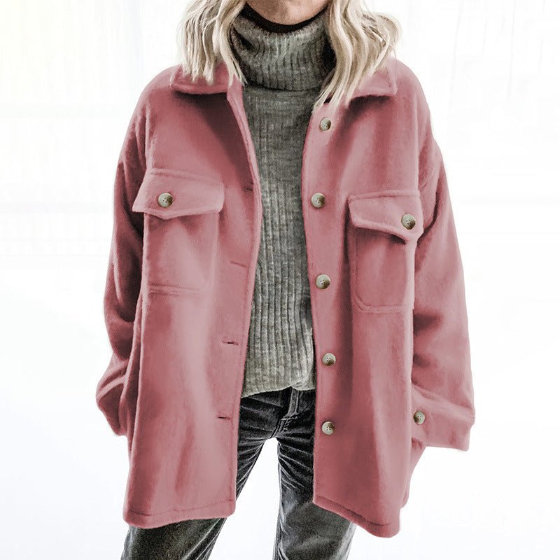 Sophisticated Women's Woolen Coat with Lapel and Pocket - InspiredGrabs.com