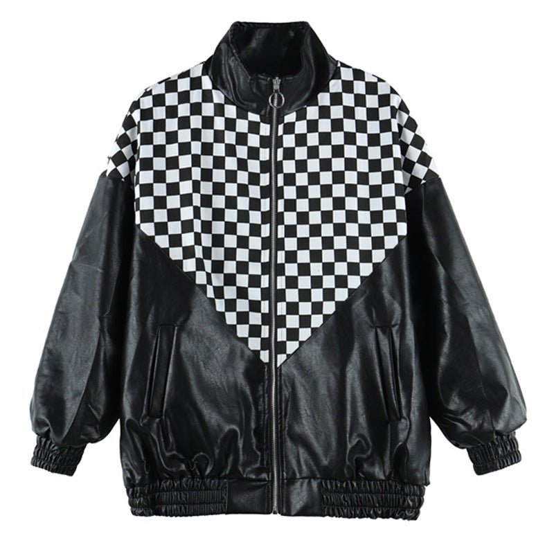 Stylish and Chic Black and White Plaid Leather Jacket in PU+ Stitching - InspiredGrabs.com