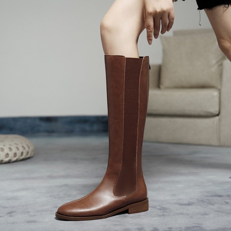 Cow Leather High Round Toe Thick Low-heeled Brown Rider Boots - InspiredGrabs.com