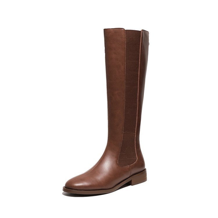 Cow Leather High Round Toe Thick Low-heeled Brown Rider Boots - InspiredGrabs.com