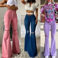 Thumbnail for Colored Stretch Denim Trousers with Ripped Frayed Flared Pants - InspiredGrabs.com